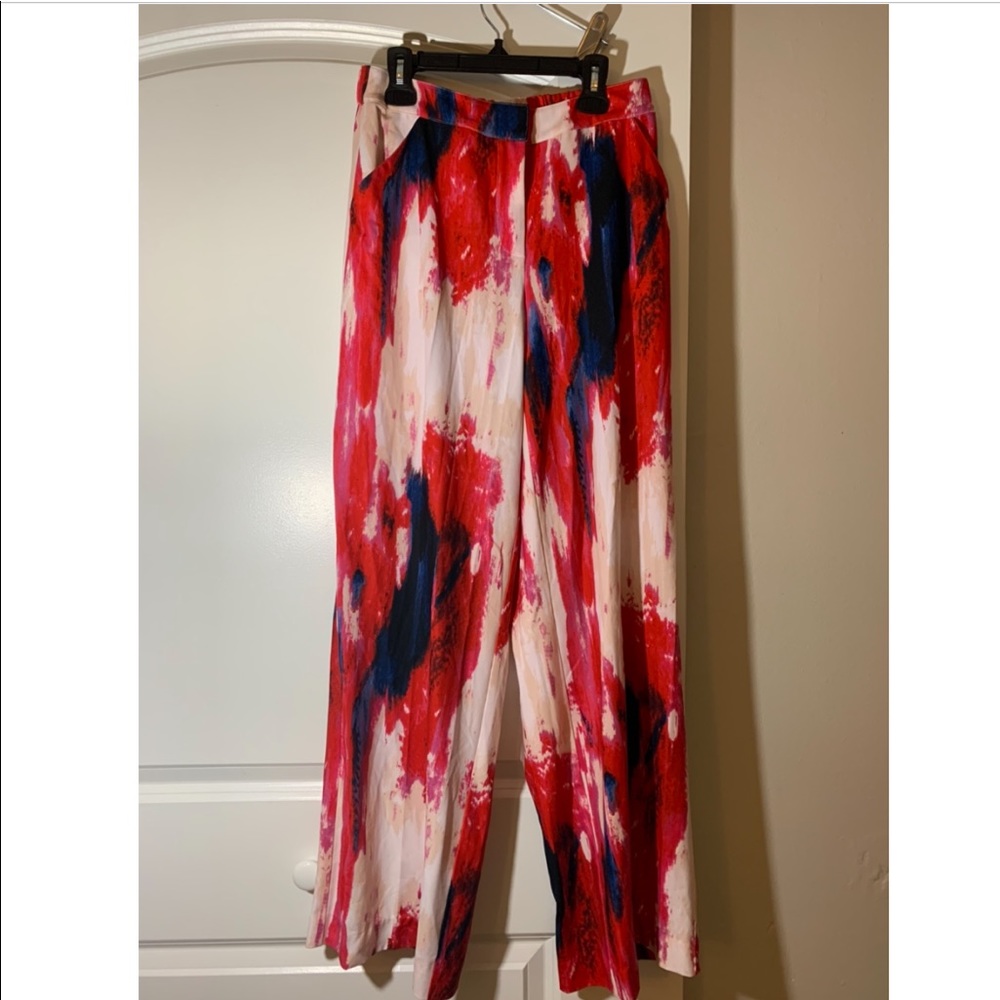 Dylan Gray printed silk wide leg pants size 6 red/pink/white/navy pattern